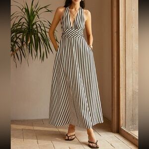 Commense Black and White Striped Halter Maxi Dress